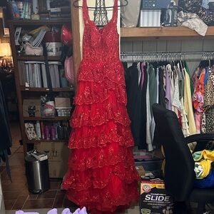 Red Tiered Lace Evening Gown